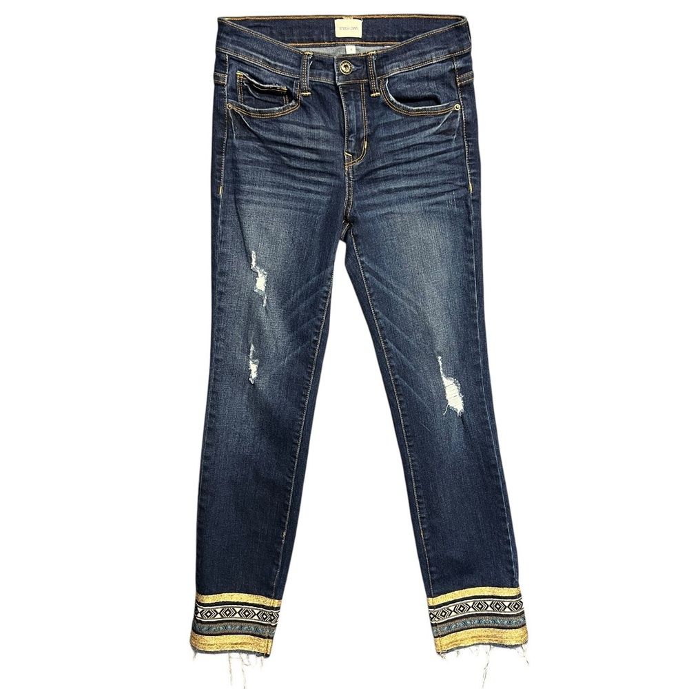 Sneak Peek Jeans Size 1 Blue Distressed Low Rise Stretch Embellished Hem Washed
